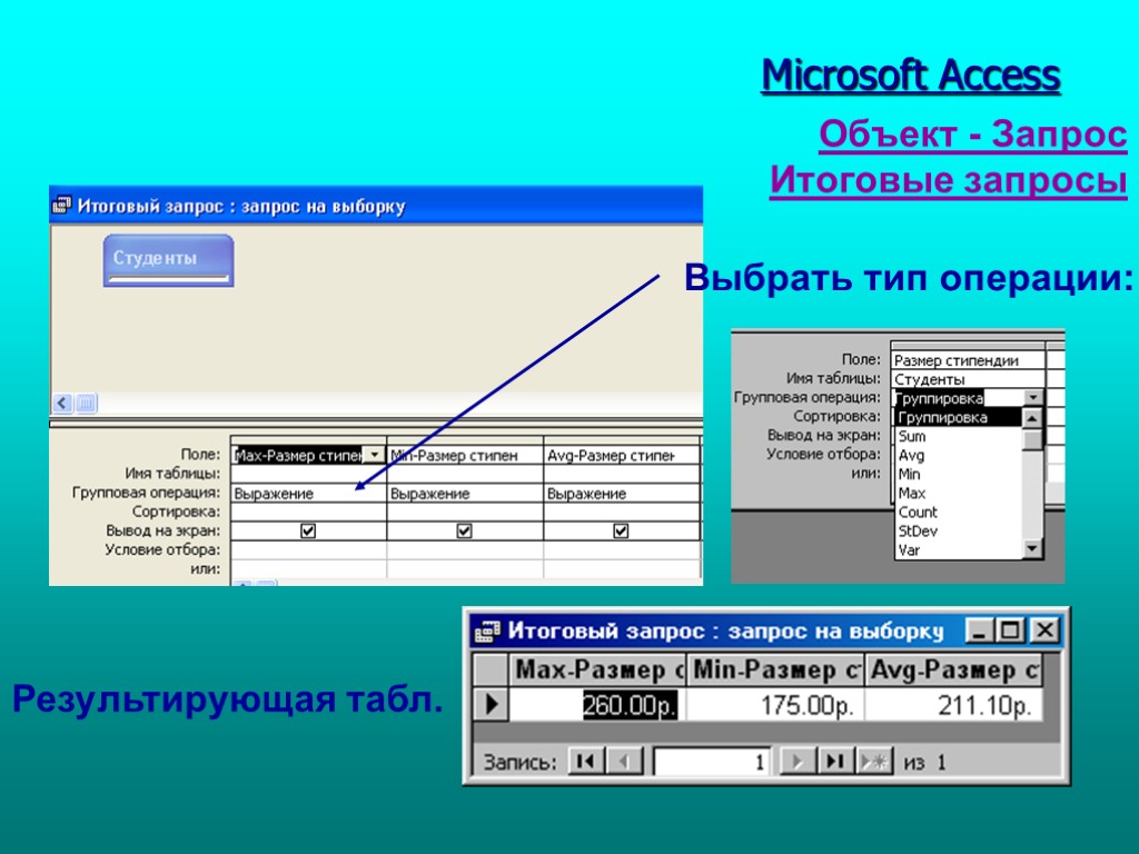 Табл. 1 Microsoft Access Объект - Запрос Итоговые запросы Результирующая табл. Выбрать тип операции: